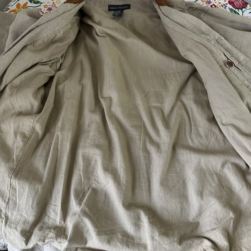 Vtg Banana Republic Safari‎ Jacket Mens XS Beige Linen Leather Collar Field Coat